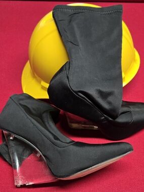 Black Stretch Sock Boots with Clear Wedge Heel